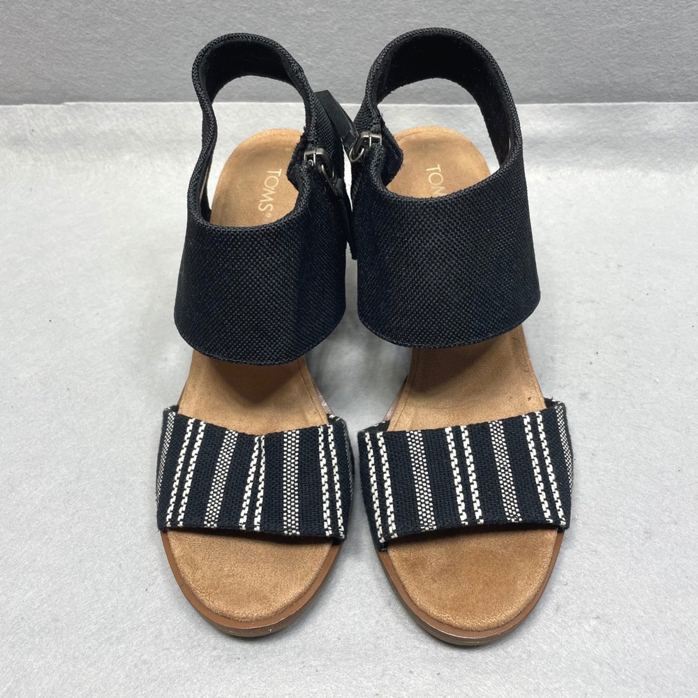 TOMS Majorca Sandal Women 7.5 Black Striped Canvas Block Heel Zipper